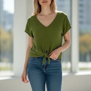 Green Tie-Front V-Neck Top made in Italy size S / M